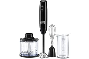 BLACK+DECKER Hand Blender, 600W, 600ml Chopping Bowl, 500ml Beaker, Stainless Steel Blades, Dual Speed, 3-in-1 Functionality, Anti-Slip, Perfect for Blending, Chopping, Whisking, Black - HB600-B5