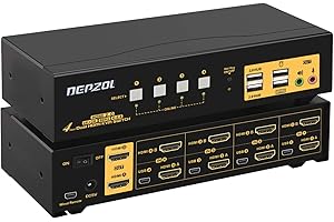 DEPZOL Commutateur KVM 4 ports HDMI double moniteur 4K 60Hz, commutateur KVM pour 4 ordinateurs 2 moniteurs avec USB 2.0 HUB et câbles 942HUA-2