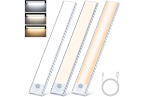 Pinlanuo Under Cabinet Kitchen Lights, 3 Colour Temperatures Dimmable Cupboard Lights, USB Rechargeable Motion Sensor Lights Indoor 20CM for Stairs Wardrobe Shelf（3 Pack）