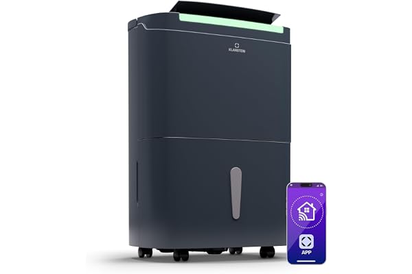 KLARSTEIN DryFy Connect 50L Déshumidificateur Intelligent, 50L/24h, Réservoir 7L, Wi-FI, Minuterie 24h, Silencieux, Portable, pour Salle de Bain & Pièces 45-55m², Anthracite