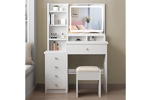 Zeaper Schminktisch mit LED Beleuchtung und Hocker Frisiertisch mit Großer Spiegel,Kosmetiktisch mit 6 Schubladen und 3 offene Ablagen, Make-up Tisch Modern für Schlafzimmer aus Holz, Weiß