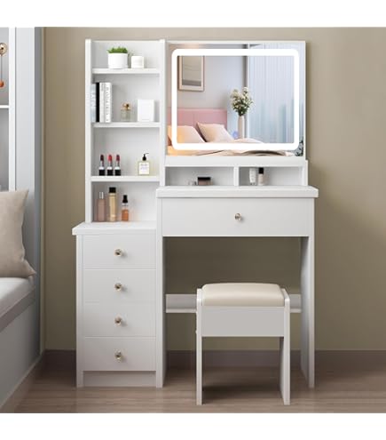 Coiffeuse ALFORDSON Avec Miroir Et éclairage, Ensemble De Toilette 90 Cm Avec 4 Tiroirs Et Tabouret De Rangement, Couleur Bois - Maison