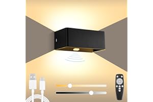 BOBOPAI Kabellos Akku Wandleuchte mit Bewegungsmelder, USB-C Aufladbare Batterie Wandlampe mit Timing-Funktion, 6W LED Dimmbare Wandleuchte mit Fernbedienung, Innen Wandbeleuchtung mit Schalter,Schwarz