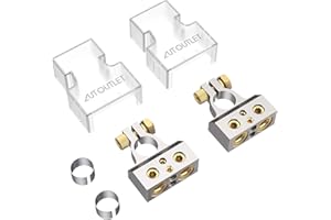 AUTOUTLET Zestaw złączy zacisków akumulatora samochodowego 2 szt. 0/4/8/10 Gauge AWG złącza zacisków akumulatora samochodowego z podkładkami dystansowymi, dodatnie ujemne chromowane zaciski akumulatora (z przezroczystymi osłonami)