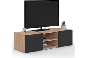 IDMarket - Meuble TV 113 cm ELI Bois façon hêtre Portes Noires