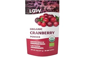 Poudre de canneberges bio sauvages de LOOV, Canneberges biologiques entières, Canneberge nordique sauvage lyophilisée et réduite en poudre sans sucre ajouté, Crue, 171 g, aucun sucre ajouté