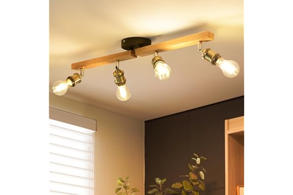 ANWIO Plafonnier LED 4 Spots Orientables Pivotants, Spots de Plafond E27 Bois, Vintage Luminaire Intérieur Plafonnier, Sans Ampoule
