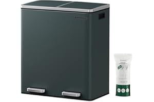 SONGMICS Kosz na śmieci z podwójną komorą 2 x 30 l, z 15 workami na śmieci, metalowe pedały, 2 plastikowe wiadra wewnętrzne, pokrywki, uchwyty, miękki zamknięcie, antracytowy szary LTB60GS