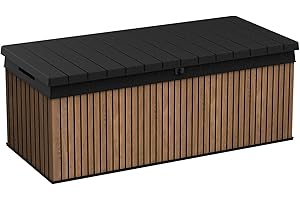 KOLL LIVING Keter Auflagenbox/Kissenbox 380 Liter l 100% Wasserdicht l mit Belüftung dadurch kein übler Geruch/Schimmel l Moderne Holzdielenoptik l Deckel belastbar bis 300 KG (2 Personen)