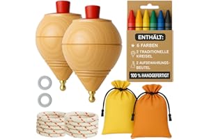 ALEJANDRO FUENTES AF® - Kreisel Holz Set Mit 2 Kreiseln für Kinder + 6 Buntstifte | Personalisiere Deinen Traditionellen Holzkreisel