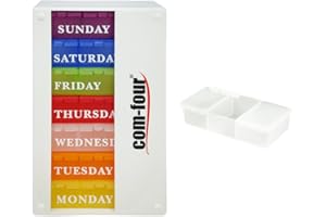 COM-FOUR® Distributore di farmaci 7 giorni in INGLESE - Distributore settimanale per mattina, mezzogiorno, sera - Scatola portapillole con 3 scomparti per i viaggi [INGLESE] (bianca)