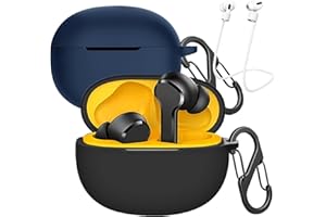 [2 Opakowania] easyBee Etui Kompatybilne z realme Buds T100 Case [2 Karabińczyk i 2 Anti Zgubienie Pasek], Płynny Silikon Odporne na Uderzenia Ochronne na Słuchawki Bluetooth - Czarny i Niebieski