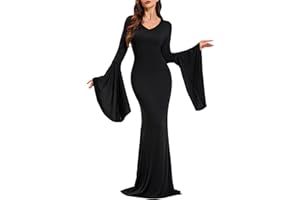 LVCBL Women Halloween Gothic Dress Dark Style Costumes Dresses Long Sleeve Solid Dresses