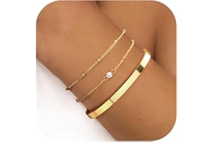 Finrezio 3-5 Stück Armband Damen Gold 14 Karat Vergoldet Stapelarmbänder Edelstahl Figaro Perlen Ketten Armbänder Verstellbare Armband Set Wasserdichter Gold Schmuck für Damen
