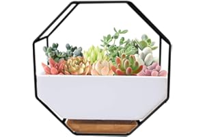 O'woda Macetas Colgantes de Cerámica, Metal Macetas Pared, con Orificio de Drenaje y Plato de Bambú, Decoración para Casa, Jardin, Sala de Estar y Boda (17.7 * 17.7cm,Negro)