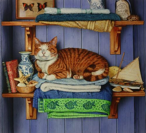 Marina, the Cat Asleep on Towels in the Bathroom, Greeting Card by Geoff Tristram, Greetings Card Size Approx. 140 x 140mm