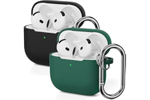 2PCS Mocarheri Custodia in Silicone Compatibile con AirPods 4, Custodia in Silicone Antiurto Morbida per Airpods 4 Gen (2024) con Moschettone, Nero/Verde Scuro