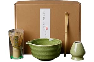 MYKAGS Ensemble de 4 fouets à matcha exquis, élégant kit à matcha comprenant un bol à matcha en céramique avec bec verseur et un support pour fouet à matcha (vert)