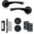 XFORT Matt Black Warped Lever On Rose Bathroom Pack, with Ball Bearing Hinges, Thumbturn Release and A Bathroom Lock, Ideal for Internal Wooden Doors for Home and Office.
