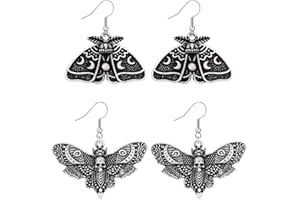 Weenkeey 2 paia orecchini pendenti a farfalla Goth Luna Moth Orecchini Luna crescente Stella Orecchini a goccia Punk Teschio Orecchini pendenti per le donne ragazze - Argento