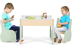 COSTWAY 3 in 1 Set Tavolo e Sedie per Bambini, Tavolo da Attività per Bambini con 2 Sedie, Lavagna Rimovibile e Deposito, per Giocare, Disegnare e Leggere, in Legno (Verde)