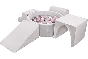 KiddyMoon Foam Playground For Kids With Round Ballpit (300 Balls) Obstacle Course, Lightgrey:Pearl/Grey/Transparent/Powderpink