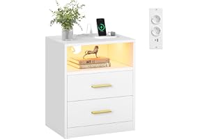 VASAGLE Sängbord med Uttag och USB, LED-Belysning, 2 Lådor, Öppen Hylla