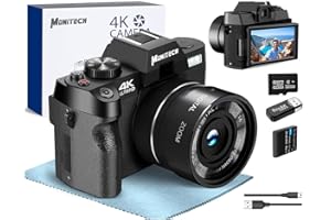 MONITECH Mo Videocamera digitale per fotografia e video, videocamera per vlogging 4K 48MP per YouTube con schermo ribaltabile a 180°, zoom digitale 16X, scheda TF da 32 GB, 2 batterie,s100