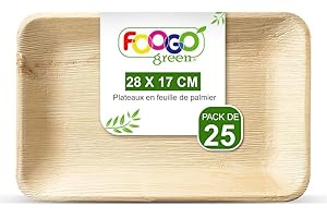 FOOGO Green 25 Plateaux de Service Jetables Feuille de Palmier, Moyens Profonds 28x17 cm, Pizza, Entrées, Canapés, Planche Charcuterie, Robuste et Ecologique Comme Plateaux en Bois pour Plats Chauds