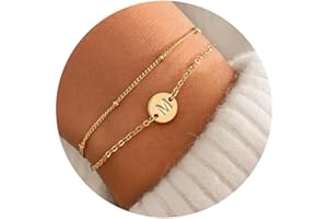 ZHESHY Bracelet Or avec Initiales Femme Fantaisie Plaqué Or 14 Carats Fin Chaîne Lot Bracelet Lettres A-Z Réglables Double Gourmette Bijoux Idee Cadeau Personnalisé pour Femmes et Filles Enfant