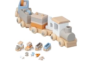 STEHARLLY Jouet Train en Bois,Jeu Train pour Enfants Bébés,Petit Train en Bois et Cubes de Construction, Jouet en Bois bébé, 4 Wagons, Train de Noël en Bois, 1 2 3 4 5 Ans garçon Fille Anniversaire Train