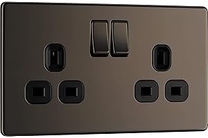 BRITISH GENERAL BG Electrical Double Switched Power Plug Wall Socket, Flatplate Screwless, Black Nickel, 13A, FBN22B