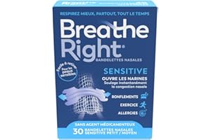 Breathe Right Sensitive - Bandelette nasale - Taille M/S - Sommeil : aide à réduire les ronflements - Rhume, allergies, sport : vous aide à mieux respirer - Convient aux peaux sensibles, 30 pièces