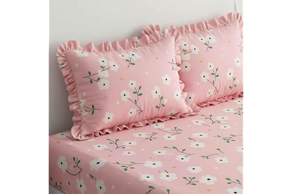 VASHEK 380 TC Glace Cotton Fitted Bedsheet King Size, Pink Frill Premium Quality, Elastic Fitted, 2 Frill Pillow Covers, All Around Elastic, 72"x78"