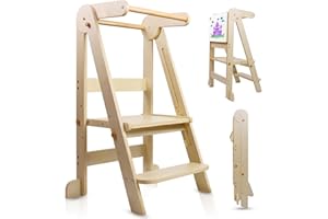 Uuoeebb Foldable Learning Tower, Wooden Step Stool for Kids with 3 Adjustable Height, Kitchen Folding Learning Tower for Child with Magnetic Whiteboards 1-6 Years Children Stool