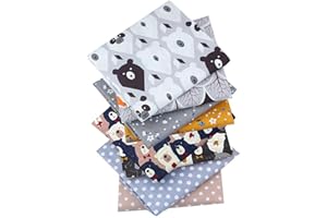 EXGOING 8PCS Cotton Fat Quarters Fabric Bundles 50x50cm (20"x20")-High-Density Material for Sewing, Quilting & Patchwork for DIY-Animal, Floral, Polka Dot, Check Patterns (8pcs Brown Bear)