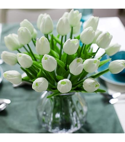 24 Tulipani Finti In Lattice Super Realistici - Bouchet Decorativo Per Casa, Matrimoni E Feste (Bianco)