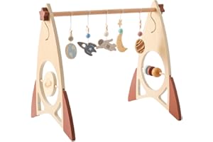Promise Babe Spielbogen Baby Holz für Babies,Rakete Design Holz Baby Spielbogen Astronaut Stern Mond Anhänger zum Greifen Seitlich Holz Spielzeug Haha Spiegel Wickeltisch Babybett Laufstall Play Gym