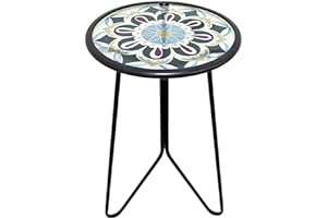 Liffy Outdoor Side Table, Folding Round Mosaic Garden Table Outside, Glass Top Small Patio Coffee End Tables, Indoor Accent Plant Stands for Bistro, Balcony, Yard
