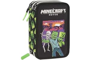 MINECRAFT Astuccio Scuola 3 Zip con Corredo, 20 x 13 x 7 cm, Set Completo 48 Pezzi, Nero/Verde