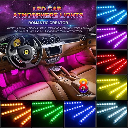 4 pcs Car LED Strip Light 48 LED Music Car Interior Lights Under Dash Lighting Waterproof Kit with Sound Active and Wireless Remote Control
