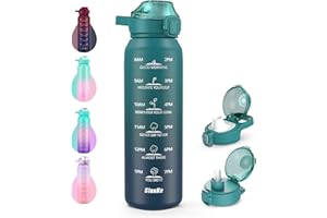 SLUXKE Botella Agua 18/10 Acero Inoxidable 1 Litro, Botella Termica 1000ml con Handle y Marcador de Tiempo, Libre BPA, Cantimplora Infantil para Gimnasio, Deporte, Ciclismo