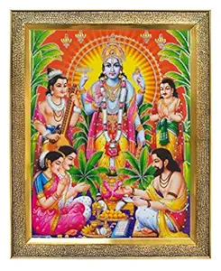 Koshtak Sri Satyanarayan Swamy Vishnu Avatar Giving Blessing Photo Frame with Unbreakable Glass for Wall Hanging/Gift/Temple/puja Room/Home Decor and Worship