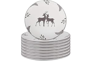 DIBOR Set of 8 Dinner Plates - Hand Painted Grey & White Reindeer Stoneware Crockery Dishwasher & Microwave Safe Christmas Reindeer Dinnerware Set