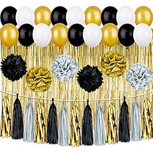 82 Piezas de Decoraciones de Fiesta de Graduación con Globos de Latéx Pompones de Tisú Guirnalda de Borla Cortina de Lamina Brillante para Materiales de Graduación
