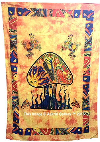 Aakriti Gallery - Arazzo da parete con motivo fungo, decorazione artistica in stile hippy, per camere da letto, 215 x 140 cm, 100% Cotone, Orange, 85x55 inches