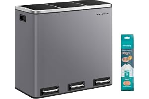 SONGMICS Kökskorg, 3 x 18 L återvinningsbehållare, 3 fack soptunna för återvinning och avfall, 15 foder ingår, mjukstängande lock, pedaler, inre hinkar, stål, matt grå LTB054G01