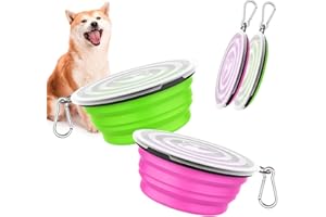 Pawaboo [2PZS Cuencos de Viaje de Silicona con Tapas para Perros Gatos con 450ml de Capacidad, Alimentador de Agua Plegable Portátil, Tazones para Mascotas de Uso Doméstico, Rosa + Verde