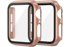 EDIMENS 2 Pack Hard PC Case Compatible with Apple Watch 45mm Series 7 Series 8 Women Men, Overall PC Case Slim Tempered Glass Screen Protector Protective Cover for Apple iWatch 45mm SE Rose Gold