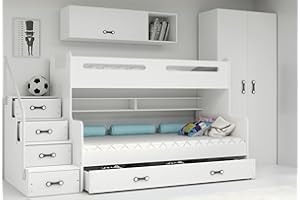 ‎INTERBEDS Interbeds Etagenbett Hochbett Stockbett mit Treppe und Stauraum Kinderbett Stauraumbett für Kinder und Jugendliche Bettgestell mit Lattenrost (weiß+weiß)